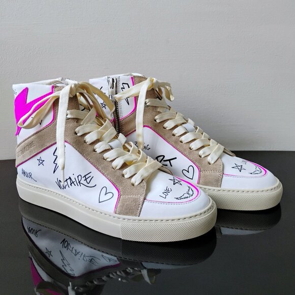 Zadig & Voltaire Women High Flash 100% Leather Sneaker with Side Zip in Paradise - Picture 2 of 16